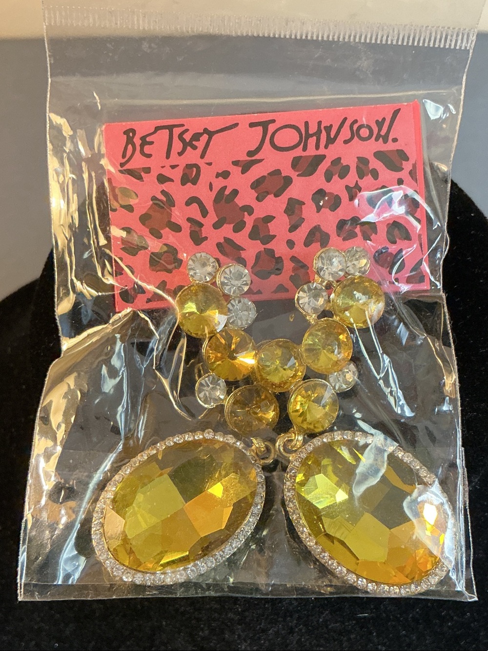 Betsey Johnson Yellow Crystal Drop Earrings with Clear Rhinestones - New